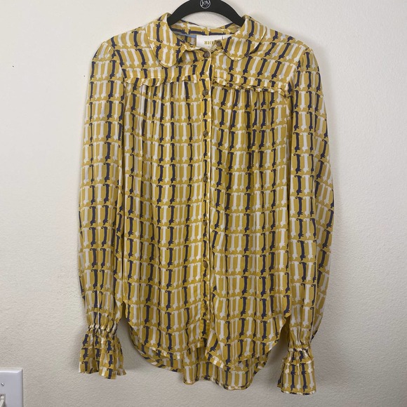 Maeve By Anthropologie Dog Print Yellow Satin Bell Sleeve Button Up long Sleeve - Picture 4 of 12